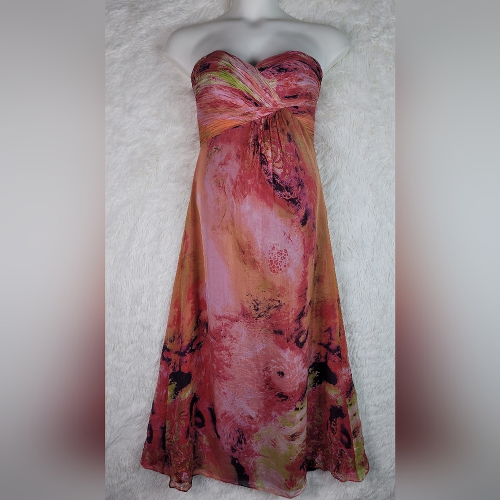 Sz 6 Morrell Maxie Multicolor 100% Silk Strapless Dress Artsy Abstract